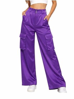 Purple Satin Cargo Pants